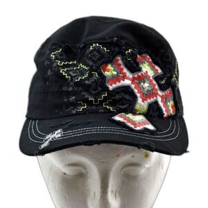 KB Ethos Black Distressed Southwestern Rhinestone Cross Ball Cap Baseball Hat